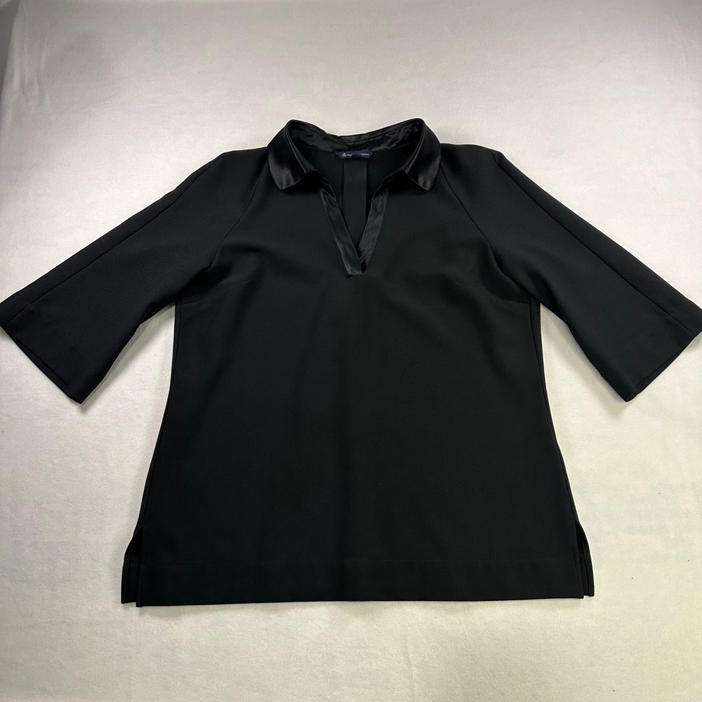 Brooks Brothers Black Crepe Satin Trim V-Neck Tunic Top 3/4 Bell Sleeve L